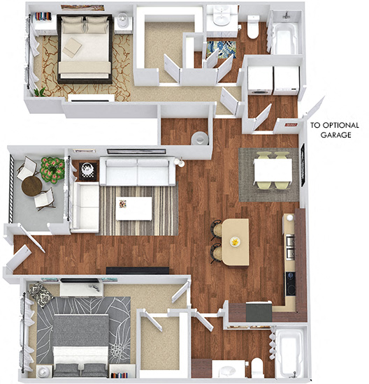Floor plan for 2 beds, 2 baths, 1086 sqft